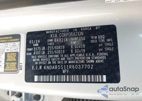 2024 Kia Ev9 Light Long Range z USA, uszkodzony, nr VIN KNDAB5S11R6037702